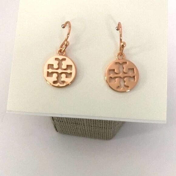 New Tory Burch Rose Gold French Wire Logo Earrings. - Picture 2 of 6
